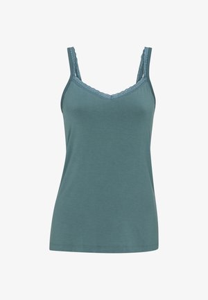 Tealfarbene ärmellose Damen-Camisole mit Spitzenbesatz entlang des Ausschnitts und der Träger, aus weichem, glattem Stoff gefertigt.