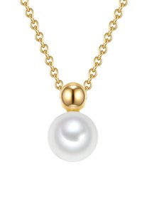 Collana in oro con ciondolo a perla bianca rotonda, dalla texture liscia e finitura lucida, con un accento centrale in perla dorata.