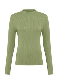 Pull en tricot côtelé de couleur vert clair, avec un col haut et des manches longues. Le matériau possède une texture douce, avec une coupe près du corps et sans éléments métalliques visibles.