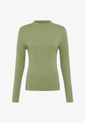 Maglione a coste in verde chiaro, con colletto alto e maniche lunghe. Il materiale ha una trama morbida, con una forma aderente e senza hardware visibile.