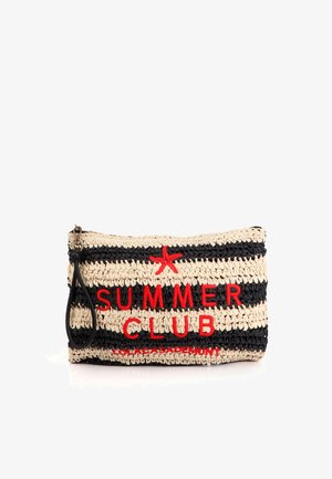 Woven straw clutch, beige with black stripes. Features red "SUMMER CLUB" text and a starfish design. Includes a black wrist strap.