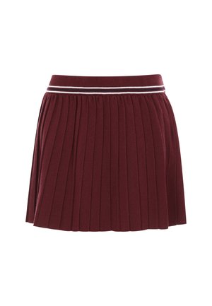 Gonna plissettata bordeaux con vita a maglia caratterizzata da una striscia bianca e bordeaux scuro. Texture morbida, lunghezza corta.