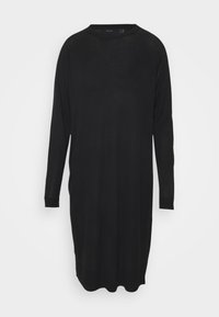 Abito lungo nero con maniche lunghe realizzato in tessuto morbido, con scollatura a girocollo, vestibilità comoda e polsini a coste. Design semplice senza fantasie o dettagli accentuati.