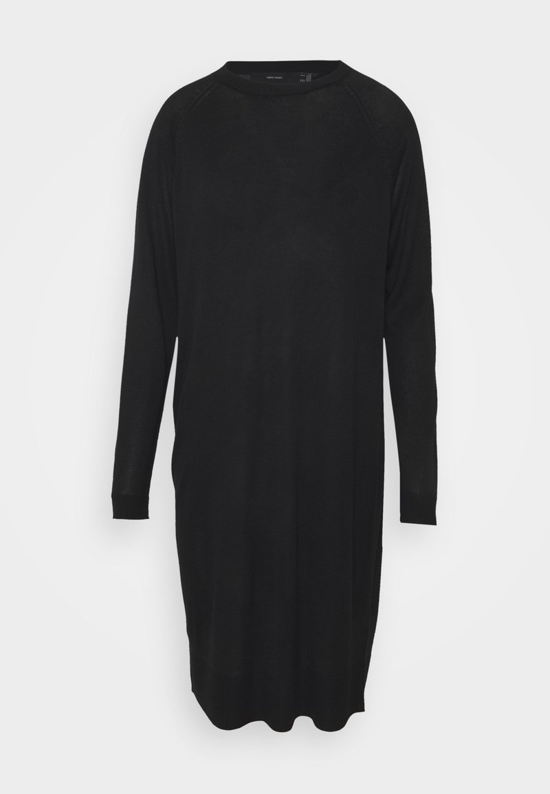 Czarna sukienka z długim rękawem, wykonana z miękkiego materiału, z okrągłym dekoltem, luźnym krojem i ściągaczami przy rękawach. Prosty design, bez wzorów i akcentów.