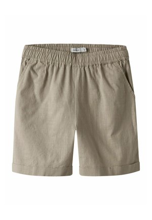 Pantaloncini beige per bambini con vita elastica, tasche laterali e orli risvoltati, realizzati in tessuto leggero.