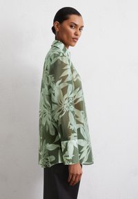 Chemisier transparent vert clair avec un motif botanique, manches longues, poignets boutonnés et col classique, présentant une coupe ample et décontractée.