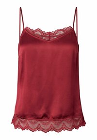 Burgundi värvi satiinist kamisol pitsist äärisega kaelusel ja äärel, õhukeste reguleeritavate rihmadega ning siledast, pehmest tekstuurist.