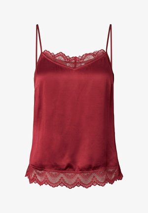 Camisole in raso color bordeaux con bordo in pizzo sullo scollo e sull'orlo, caratterizzata da spalline sottili regolabili e una texture liscia e morbida.