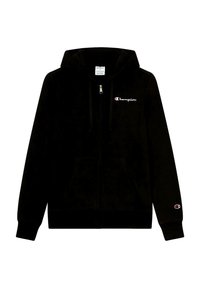 Schwarze Zip-Up Kapuzenjacke aus weichem Material, mit einer Fronttasche, verstellbarer Kapuze und kleinem "Champion"-Logo auf der Brust und dem Ärmel.