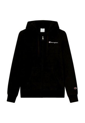 Schwarze Zip-Up Kapuzenjacke aus weichem Material, mit einer Fronttasche, verstellbarer Kapuze und kleinem "Champion"-Logo auf der Brust und dem Ärmel.