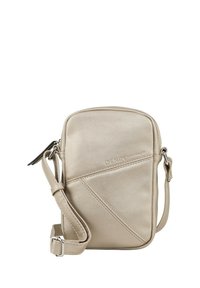 Beige Umhängetasche aus glattem Material. Mit diagonalem Paneeldesign und verstellbarem Tragegurt. Mit Reißverschluss für eine sichere Aufbewahrung.