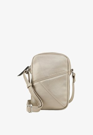 Beige Umhängetasche aus glattem Material. Mit diagonalem Paneeldesign und verstellbarem Tragegurt. Mit Reißverschluss für eine sichere Aufbewahrung.