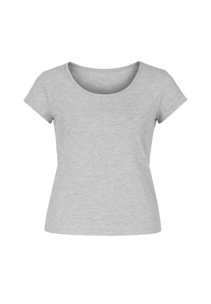T-shirt gris clair à manches courtes avec un col dégagé, fabriqué en matière douce, présentant un design simple et épuré ainsi qu'une coupe décontractée.