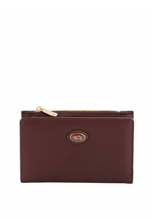 Burgundy leather wallet with a textured finish, gold-tone zipper, and a round logo accent on the front. Compact, rectangular design.