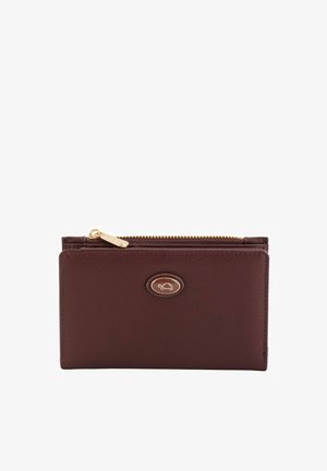 Burgundy leather wallet with a textured finish, gold-tone zipper, and a round logo accent on the front. Compact, rectangular design.