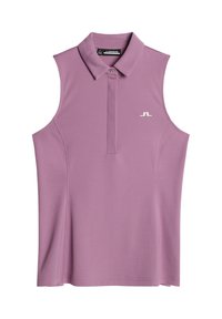 Ärmknapp polotröja i ljuslila, tillverkad av ett glatt, stretchigt material. Har en klassisk krage och en vit logotyp på bröstet.