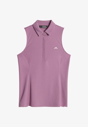 Ärmknapp polotröja i ljuslila, tillverkad av ett glatt, stretchigt material. Har en klassisk krage och en vit logotyp på bröstet.