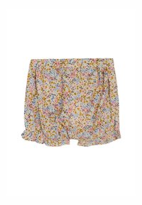 Shorts floraux avec un fond crème clair, ornés de petites fleurs roses, bleues et jaunes. Taille élastique et ourlet volanté.