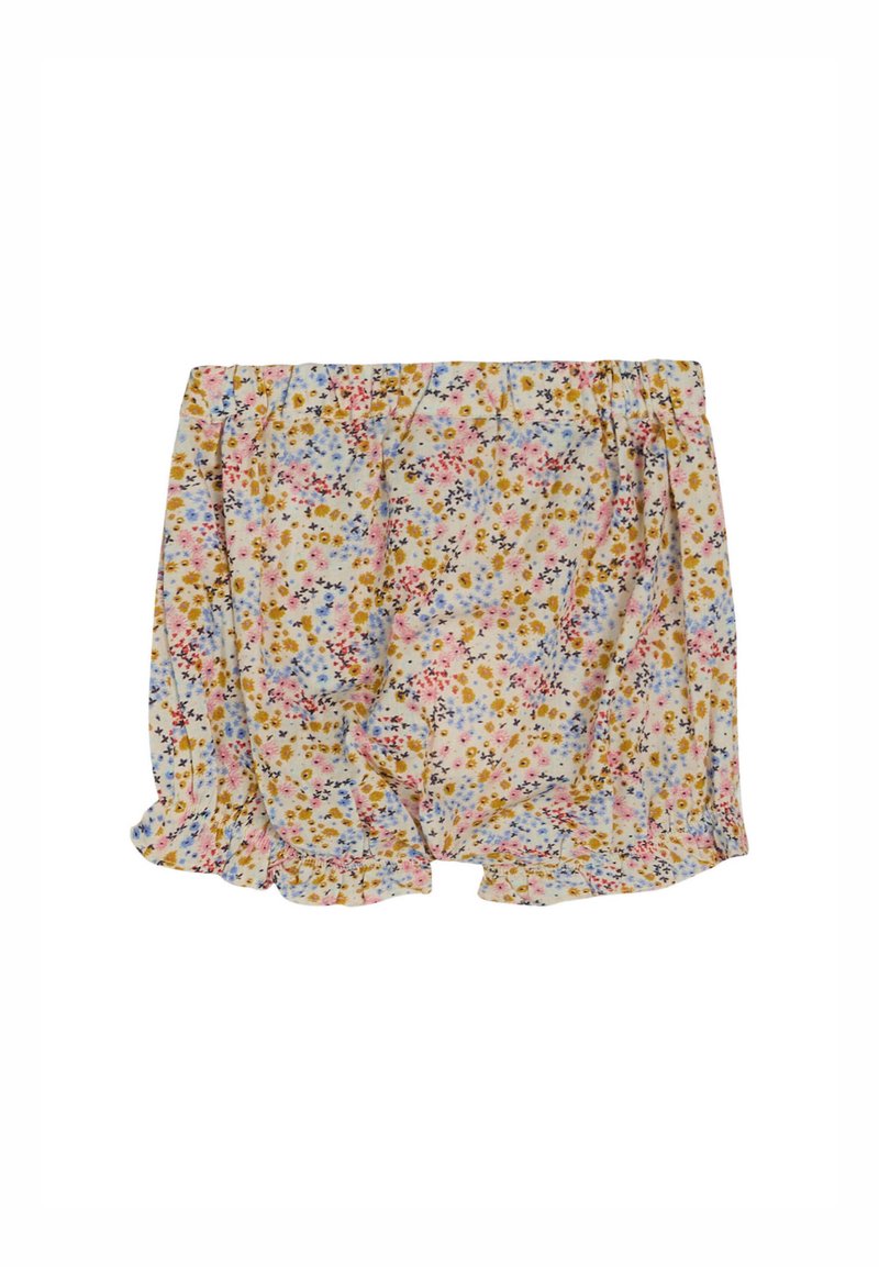 Shorts floraux avec un fond crème clair, ornés de petites fleurs roses, bleues et jaunes. Taille élastique et ourlet volanté.