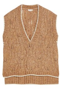 Strikket vest i ravfarve med V-hals og hulmønster. Har ribbet kant og hvide accenter. Blød tekstur, ærmeløs design.
