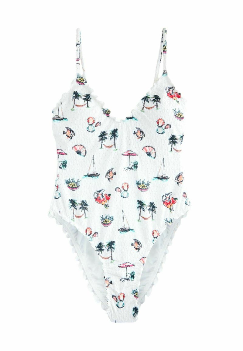 Costum de baie alb cu uniece, cu modele colorate inspirate de plajă, decolteu cu volane și bretele subțiri. Material texturat, cu picioare înalte.