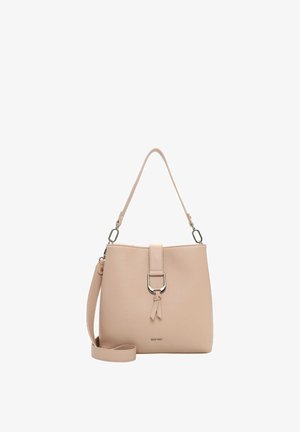 Light beige leather handbag with a pebbled texture, featuring a top handle and adjustable shoulder strap. Silver buckle accents included.