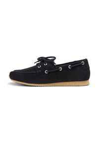 Marineblaues Wildleder-Bootsschuh verfügt über eine abgerundete Zehenform, Schnürdesign, Metallösen und eine strukturierte Gummisohle.