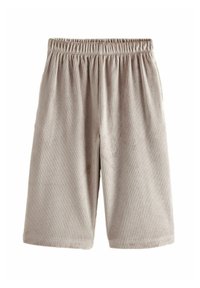 Beige Corduroy-Shorts mit Gummizug, mit vertikalen Streifen und einer lockeren Passform, die gerade über dem Knie enden.