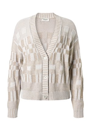 Cardigan beige et blanc en maille avec motif géométrique texturé, poignets et ourlet côtelés, col en V et trois boutons sur le devant.