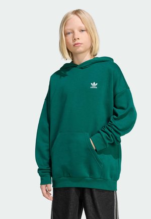 Sudadera con capucha de algodón verde, mangas largas, bolsillo delantero y logo blanco de Adidas. Ajuste holgado con capucha ajustable y tejido texturizado.