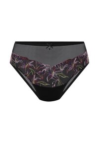 Schwarze Unterwäsche aus Netzstoff, verziert mit floraler Stickerei in Pink und Grün, einer dekorativen Schleife an der Vorderseite und einer glatten Oberfläche.