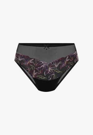 Schwarze Unterwäsche aus Netzstoff, verziert mit floraler Stickerei in Pink und Grün, einer dekorativen Schleife an der Vorderseite und einer glatten Oberfläche.