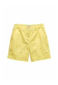 Dzelteni kokvilnas šorti ar nelielu zaļu un dzeltenu citronu izšuvumu, aizdare ar pogu un sānu kabatām, viegli un elpojoši.