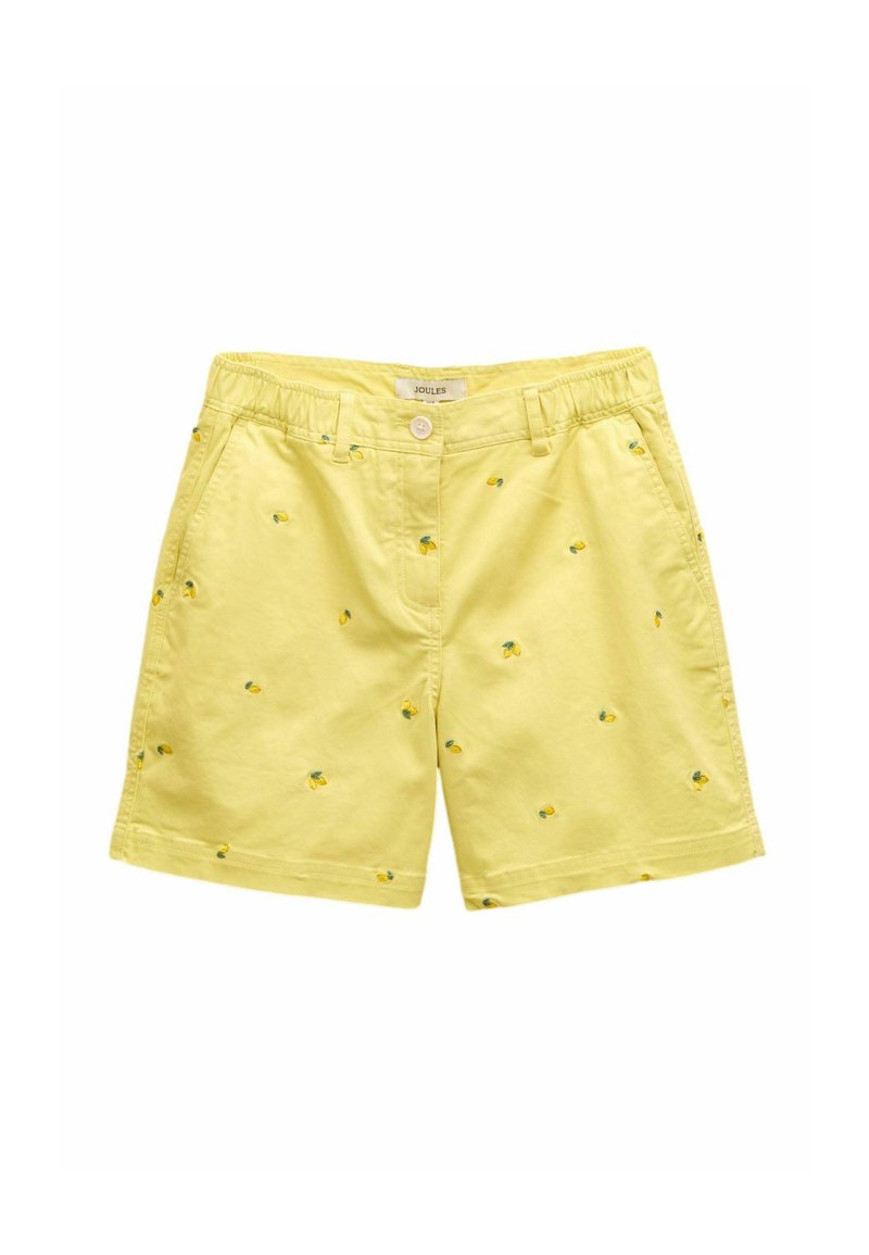Dzelteni kokvilnas šorti ar nelielu zaļu un dzeltenu citronu izšuvumu, aizdare ar pogu un sānu kabatām, viegli un elpojoši.