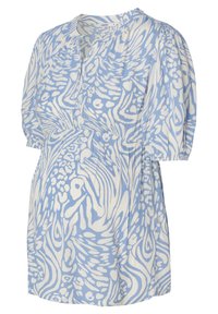 Helles blau gemusterte Schwangerschaftsbluse mit kurzen Puffärmeln, einem V-Ausschnitt und Raffung in der Taille. Aus leichtem Stoff gefertigt.