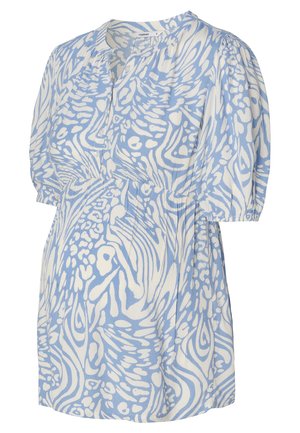 Helles blau gemusterte Schwangerschaftsbluse mit kurzen Puffärmeln, einem V-Ausschnitt und Raffung in der Taille. Aus leichtem Stoff gefertigt.