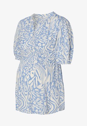 Lyseblå mønstrede graviditetsbluse med korte puffærmer, v-halsudskæring og drapering ved taljen. Lavet af letvægtsstof.