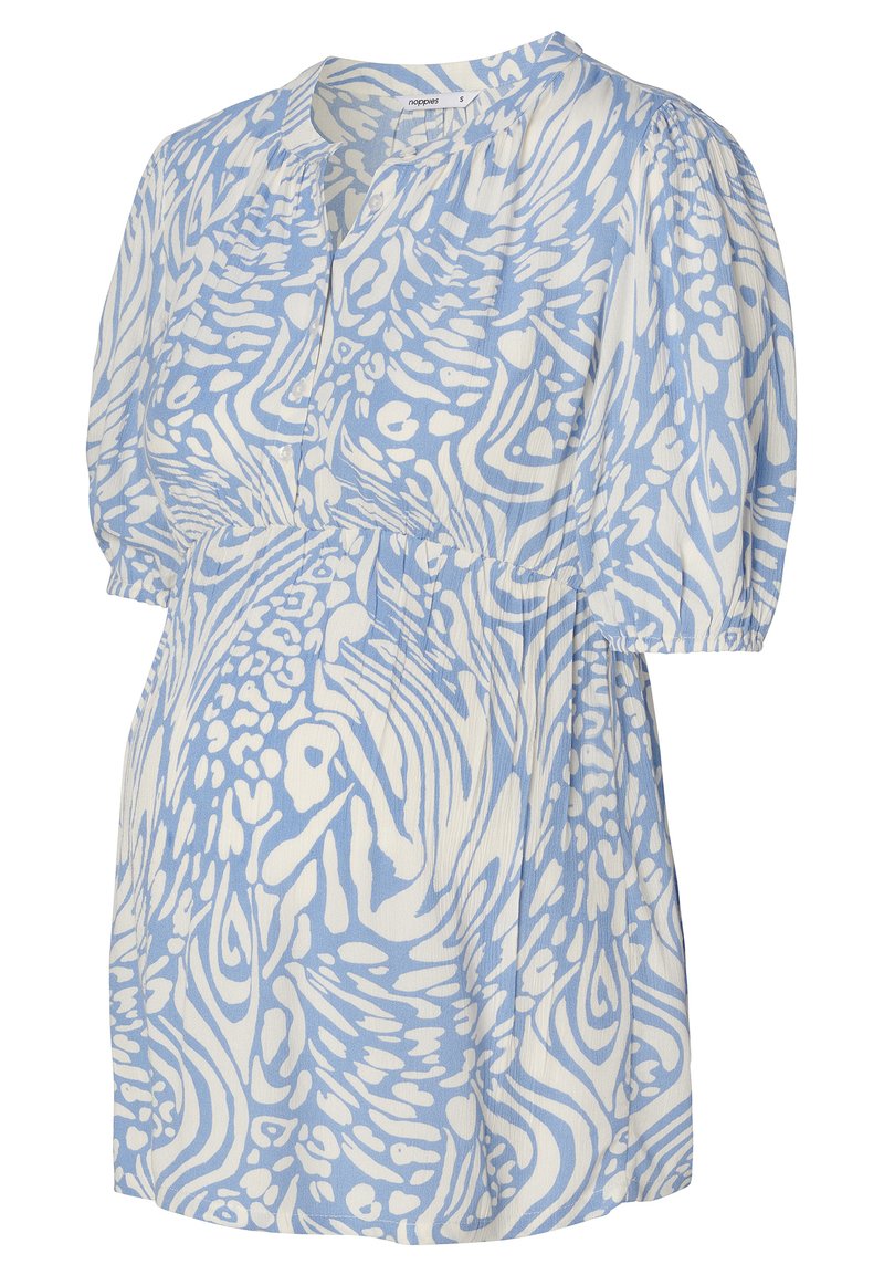 Helles blau gemusterte Schwangerschaftsbluse mit kurzen Puffärmeln, einem V-Ausschnitt und Raffung in der Taille. Aus leichtem Stoff gefertigt.