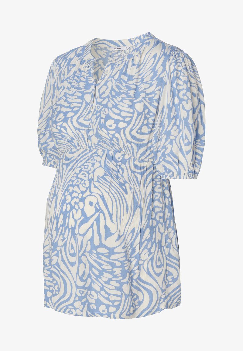 Lichtblauwe gebloemde zwangerschapsblouse met korte puffmouwen, een v-halslijn en geplooide details bij de taille. Gemaakt van een lichte stof.