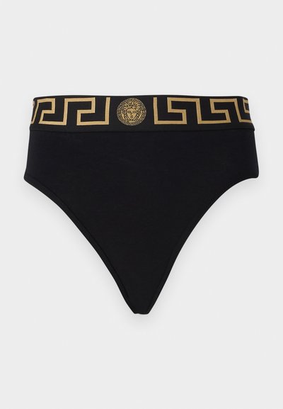Schwarzer Baumwollbikini mit einem goldenen Bund, der ein Medusa-Logo und ein griechisches Schlüssel-Muster entlang der oberen Kante zeigt. Klassischer Brief-Schnitt.