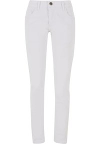 Biele džínsy so slim fit strihom, vyrobené z bavlny, majú predné a zadné vrecká, zapínanie na gombík a mierne elastické vlastnosti pre pohodlie.