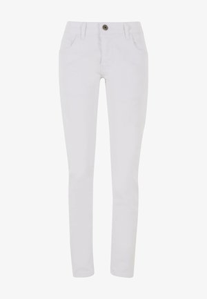 Balti džinsi ar šaura piegriezuma dizainu, izgatavoti no kokvilnas, piedāvā priekšējos un aizmugurējos kabatas, pogu aizdari un nedaudz elastību ērtumam.