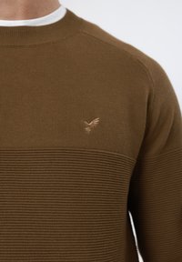 Pull marron tricoté avec des rayures horizontales texturées, doté d'un petit logo brodé sur la poitrine et d'un col rond.