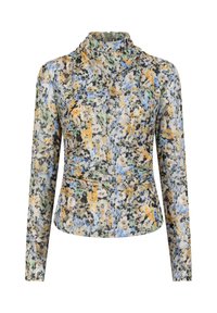Lange mouwen top van lichte, met bloemenpatroon stof in blauwe, gele en groene tinten, met een gedrapeerde halslijn en een aansluitende taille.