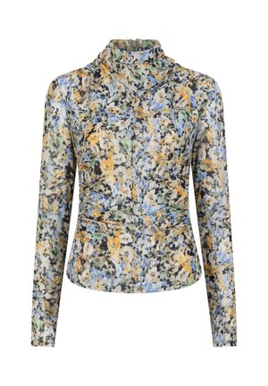 Long-sleeve top in lightweight, floral-patterned fabric featuring blue, yellow, and green hues with a draped neckline and fitted waist.