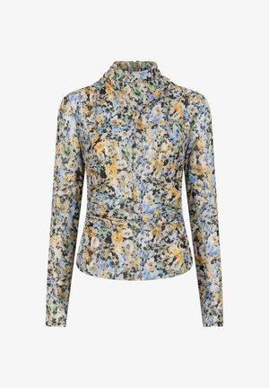 Lange mouwen top van lichte, met bloemenpatroon stof in blauwe, gele en groene tinten, met een gedrapeerde halslijn en een aansluitende taille.