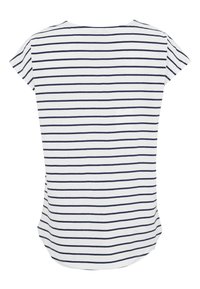 Lyhythihainen raidallinen paita, jossa on tummansinisiä raitoja valkoisella taustalla. Valmistettu pehmeästä kankaasta, jossa on pyöristetty helma ja rento istuvuus.