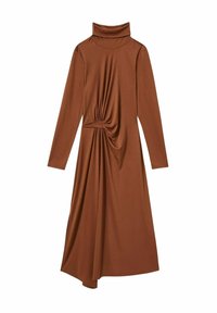 Abito marrone a maniche lunghe con colletto alto, caratterizzato da un nodo drappeggiato in vita e una silhouette fluida. Tessuto dalla texture morbida.