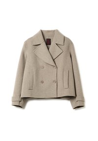 Chaqueta de lana beige de doble botonadura con solapas, dos bolsillos frontales y puños con botones. Tejido texturizado con una forma estructurada.