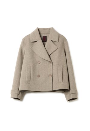 Beige Wolle doppelt gefütterte Jacke mit einem Reverskragen, zwei Vorder-taschen und geknöpften Ärmelabschlüssen. Strukturiertes Gewebe mit einer definierten Form.
